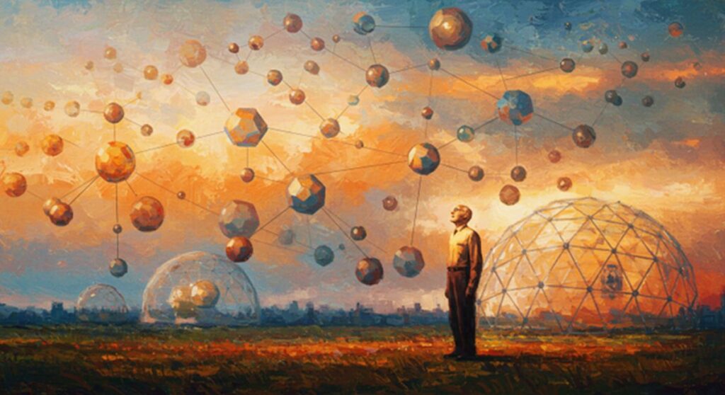 Buckminster Fuller in a landscape of geodesic domes.